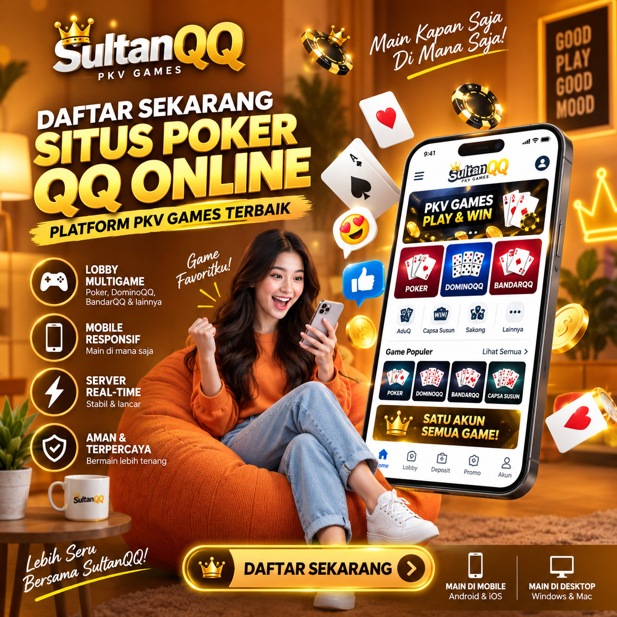 SultanQQ hadir sebagai pilihan situs Poker QQ Online di platform PKV Games dengan lobby multigame, akses mobile responsif, satu akun praktis, server real-time, serta navigasi yang gampang dipahami. - Image 1